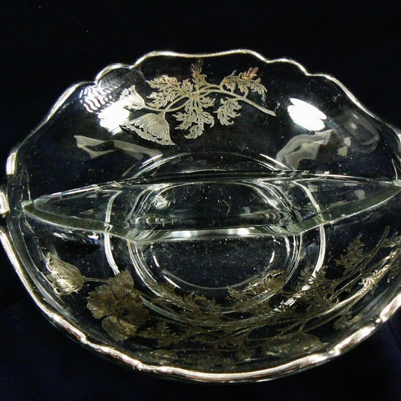 VINTAGE SILVER CITY FLANDERS FLOWERS ON CLEAR GLASS DIVIDED BOWL PLATE DISH - Picture 1 of 4